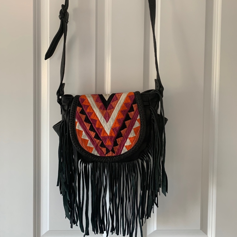 Cleobella Black Leather Fringe Crossbody Bag